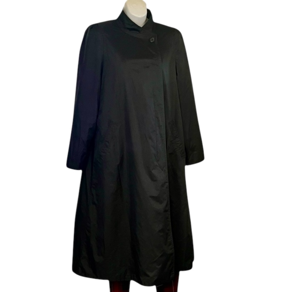 Luba Vintage Womans Black Nyon Asymmetrical Long Quilted Trench Rain Coat 9/10 - Picture 3 of 15